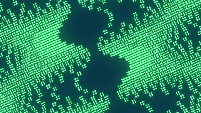 Seamless 4K cyberpunk motion graphics. Glowing neon green pixel blocks pulse diagonally on a dark emerald background. Procedural retro futuristic matrix data stream and scanning radar effect loop