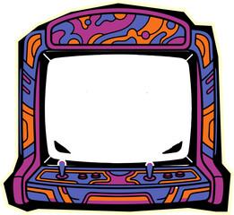 Vintage style arcade game cabinet illustration with retro neon pattern entertainment joystick colorful illustration nostalgia isolated abstract computer eighties nineties © DewiNurina