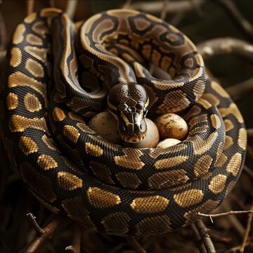 Ball Python Coiled Protectively Around Her Clutch of Speckled Eggs