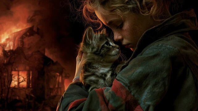 Girl holds cat close in front of burning house at night while smoke rises and flames light up the dark sky
