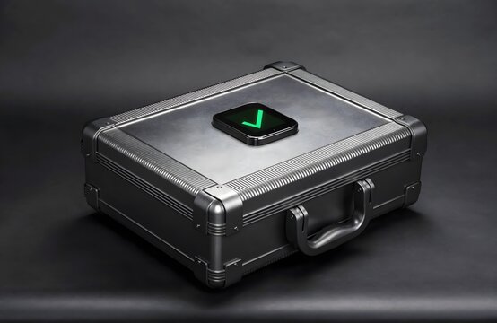 Secure metallic case with green check mark success status business briefcase