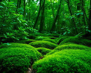Fototapeta premium Forêt tropicale dense et verdoyante avec rochers couverts de mousse, végétation exubérante et luxuriante, paysage naturel éclatant de vie