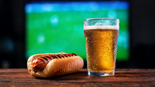 Grilled hot dog cold beer glass condensation wooden table 
soccer TV match blurred world cup match day combo concept