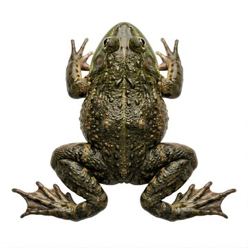 Top View of a Green Frog with Webbed Feet on White Background.