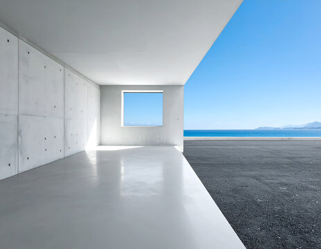 Modern minimalist concrete room with ocean view and clear blue sky.