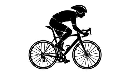 Fototapeta premium Man riding racing bicycle silhouette in aerodynamic road cycling pose isolated on white background clean flat vector illustration for sports fitness and transportation design