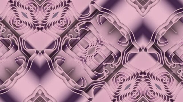 Seamless 3D animation backdrop in elegant dusty pink and mauve tones. A sophisticated crystal structure of smoothly sliding layers forms a hypnotic geometric tech matrix