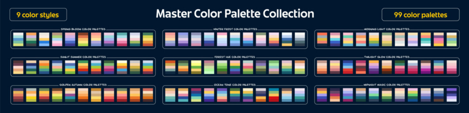 Spring and summer, autumn and winter balanced neutral color harmony palette swatches. Master color palette of colours mix chart and combination style, colors match guide and scheme of blend spectrum