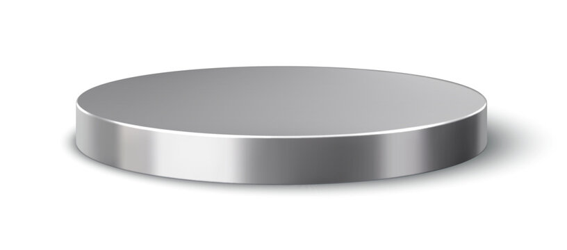 3d round silver metal podium stage, metal pedestal for product display and cosmetics presentation. Realistic metallic platform, studio stage or base for winner trophy ceremony, branding and promotions