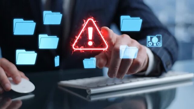 Cyber Security Alert: Businessman Pointing at Red Warning Icon and Digital Folders, Ideal for Data Breach and IT Security Concepts.