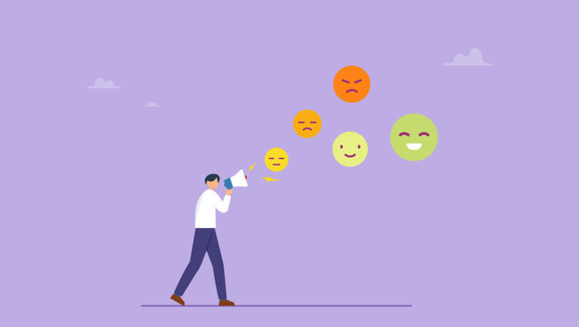 Man shouting on megaphone with emotion satisfaction opinion. Satisfaction feedback rating evaluation, customer satisfaction or client feedback review, positive assessment, smile face score concept.