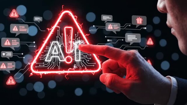 AI Warning Alert featuring a glowing red neon triangle with circuit patterns, ideal for technology risk and ethics presentations.