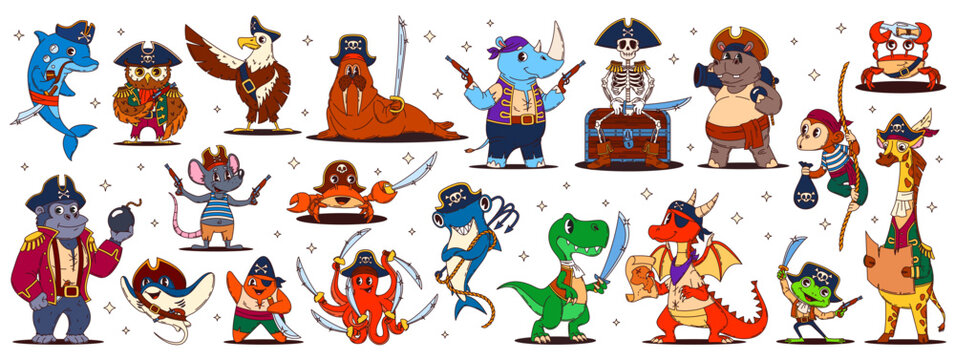 Cartoon animal pirate and corsair sea ship crew characters with treasure map, chest and captain skeleton. Vector pirate sailors personages of cute ocean crab, octopus and shark, monkey and dragon