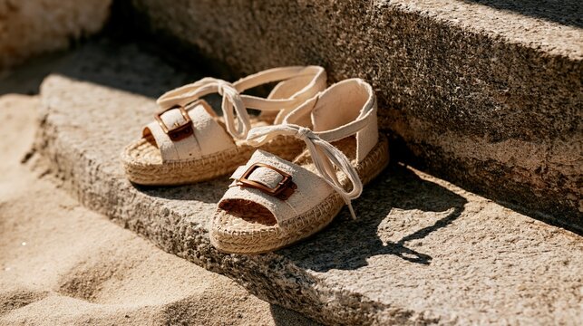 Close-up of a pair of beige espadrille sandals with woven jute soles and ankle ties, left on a sunlit stone step, capturing a warm, rustic Mediterranean summer fashion aesthetic with natural texture.