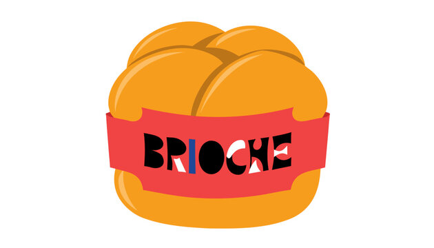 Very beautiful realistic vector of BRIOCHE featuring a rich golden buttery loaf with soft texture and a colorful label reading "BRIOCHE", isolated on white background.