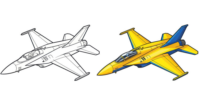 Modern fighter jet set with line art and colored version