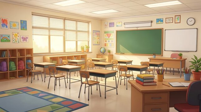 Empty classroom setup with desks chairs and blackboard ready for learning