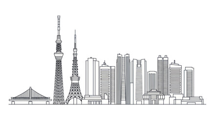 Obraz premium Tokyo city skyline featuring famous landmarks in minimalist line art