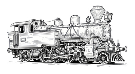 Vintage steam locomotive engine in classic line art style © tanung