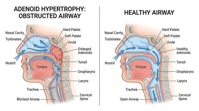 Medical illustration comparing adenoid hypertrophy and a healthy human airway