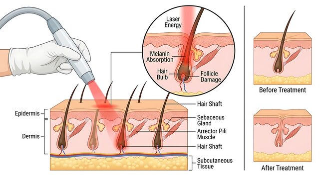 Laser hair removal process diagram showing dermal follicle treatment steps