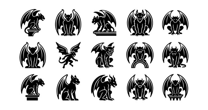 Black dragon, bat, gargoyle icons set, 13 monster silhouettes, vector graphics