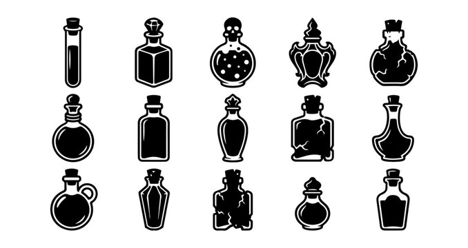 Black perfume bottle icons, vector fragrance symbols, luxury cosmetic illustrations, 13 bottle shapes