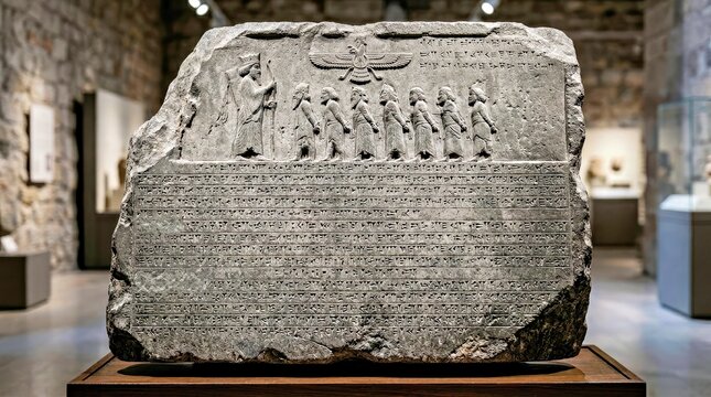 Ancient Stone Relief Depicting Cuneiform Inscription and Figure Procession