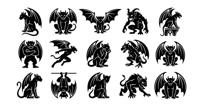 Black monster icons, mythical creature symbols, fantasy creature logos, devil signs, 16 vector illustrations
