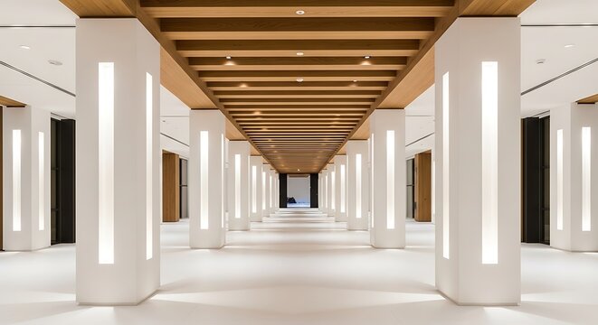 A symmetrical interior hallway features glowing pillars leading to a distant doorway