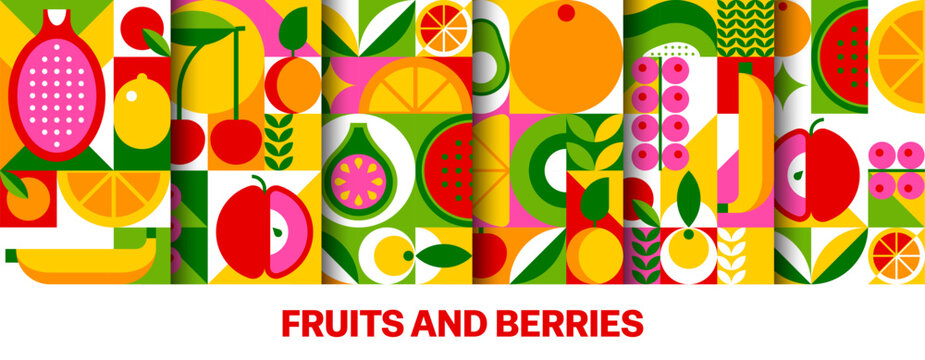 Ripe tropical fruits and berries seamless patterns with mosaic geometric elements in grid. Tile backgrounds featuring citrus, pomegranate, banana, apple and cherry, fig, avocado and watermelon motifs