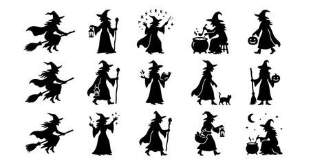 Obraz premium Black witch silhouettes, Halloween icons, magic symbols, vector illustrations