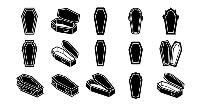 Coffin icons, black and white vector coffins, funeral symbols, death and mourning illustrations, 16 coffin shapes