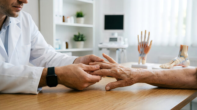 Compassionate medical professional examining an elderly patients hand during consultation in a modern clinic environment