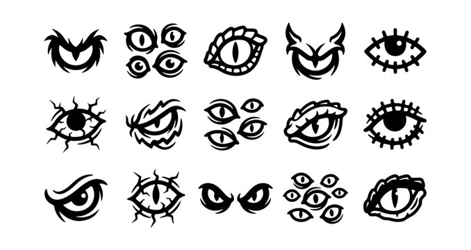 Black evil eye and mouth vector icons, creepy face parts, horror symbols, 16 graphic elements