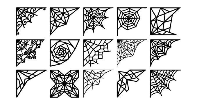 Halloween spider web corners, black vector borders, cobweb set, 16 corner designs
