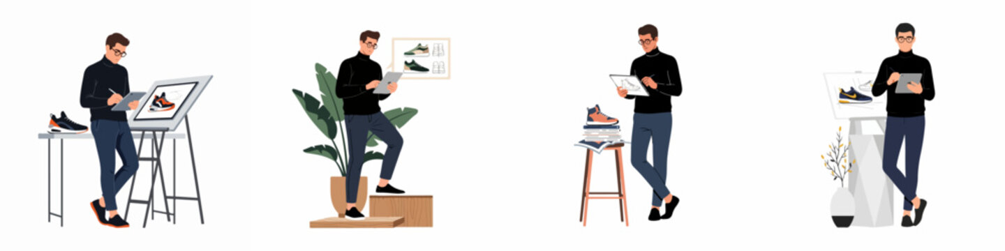 Modern illustrations showing a professional footwear designer creating sneaker sketches and concepts using digital tablets and drawing boards in various studio environments.