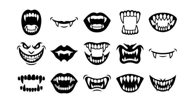 Black and white vampire teeth, mouths, and lips vector icons set