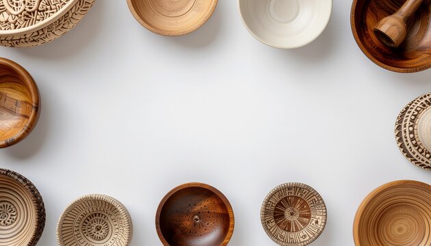 Clean top-down arrangement featuring symbolic handcrafted bowls and wooden vessels from various cultures on a white background