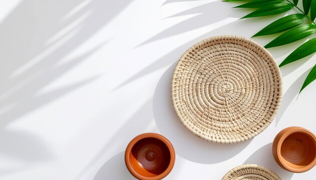 Top View of Handcrafted Woven Tray and Ceramic Bowls with Tropical Palm Leaf Shadows on White Background