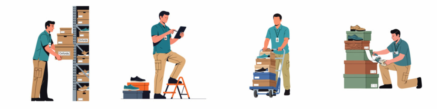 Set of warehouse workers managing shoe inventory, featuring shelf stocking, digital tracking, transporting boxes with a trolley, and packing parcels for delivery.