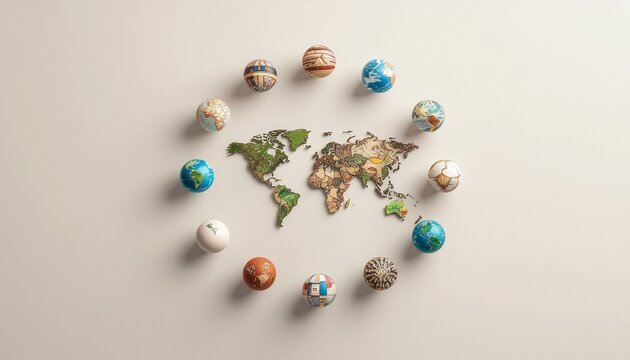 Minimal flat lay of a world map surrounded by small decorative globes representing global connectivity and cultural diversity