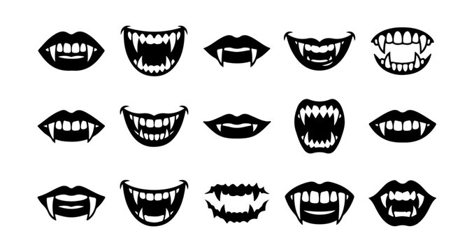 Vampire teeth, fang smiles, evil grins, monster mouths, black icons