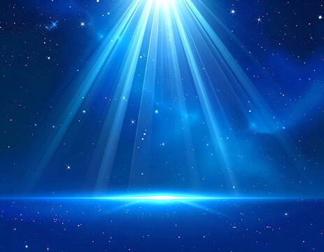 Abstract Blue Light Rays Shining Down on a Starry Background.