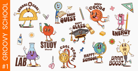 Fototapeta premium Y2K groovy funky school education stationery stickers and patches with funny characters, cartoon vector. Groovy school ruler and student medal or graduation cap, basketball ball and chemistry vial