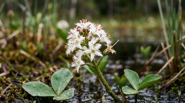 Macro photograph of a blooming Menyanthes trifoliata bog-bean flower. Close-up of white fringed petals and pink buds in a wetland environment