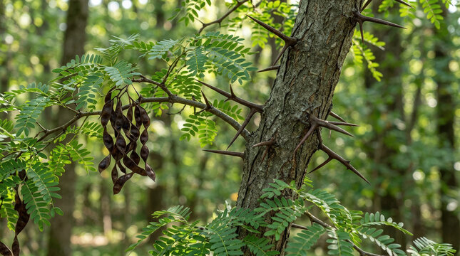 Thorny honey locust tree trunk with sharp spikes. Branch with green leaves and dark brown seed pods in a sunlit forest