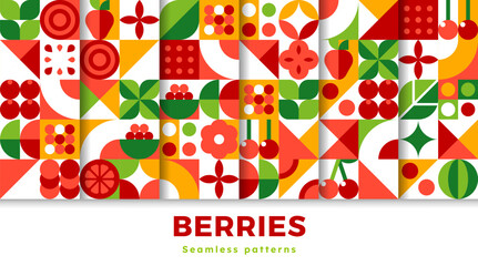 Ripe berry fruits seamless patterns set with geometric mosaic ornament with cherries, strawberries, citrus slices, watermelon, leaves and floral motifs in grid layout, evoking retro summer freshness © Buch&Bee