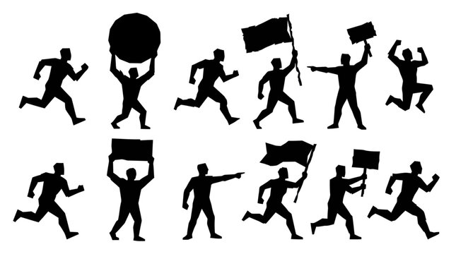 Protestors running with flags and signs silhouettes