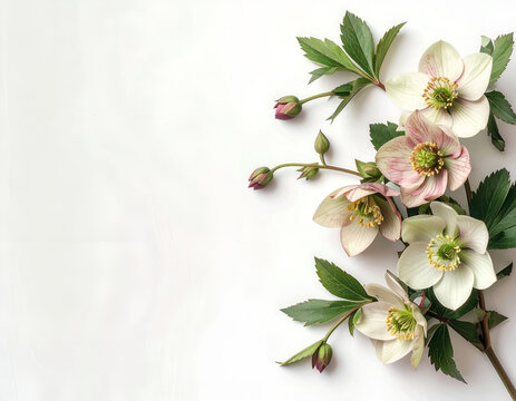 Delicate Hellebore Flowers with Green Leaves on a White Background.